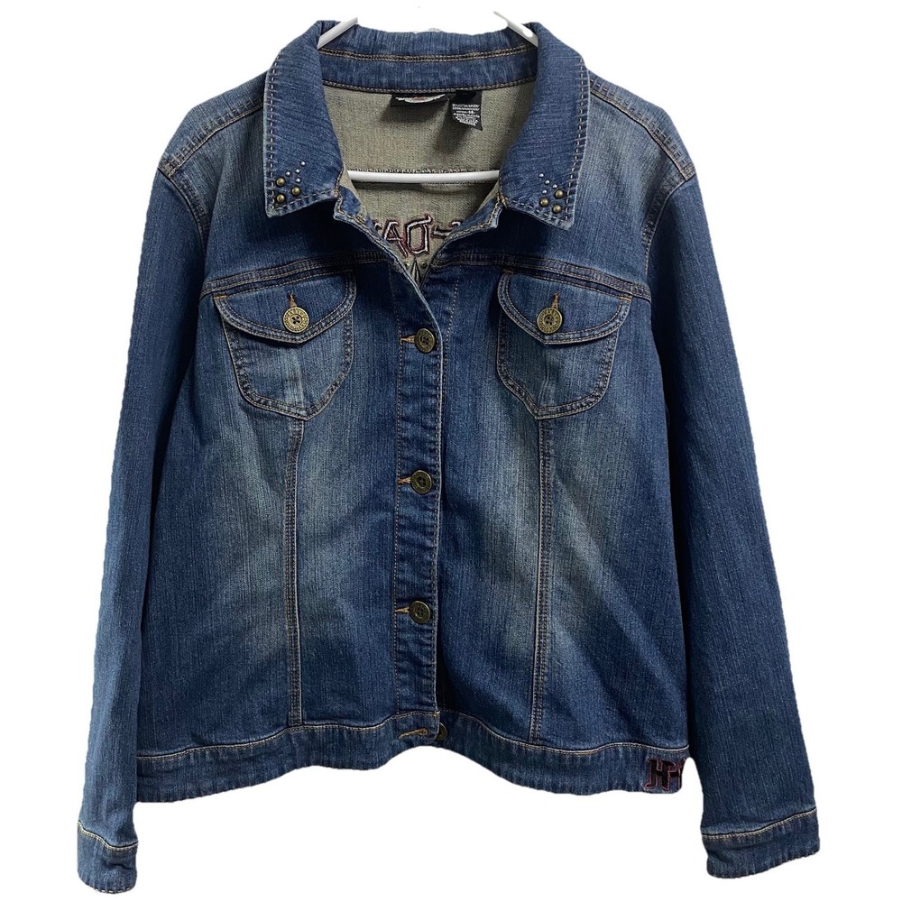 Harley Davidson Womens‎ Blue Denim Studded Embroidered Jean Riding Jacket Sz.XXL